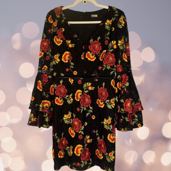Alexia Admor Black & Red Floral Embroidered Goth Bell Sleeve Mini Preowned - Picture 4 of 10